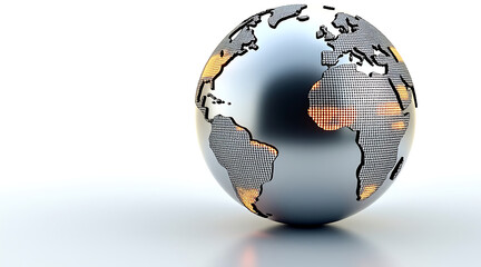 Polished metallic sphere with embossed continents reflecting light on smooth surface, symbolizing global connection and technology