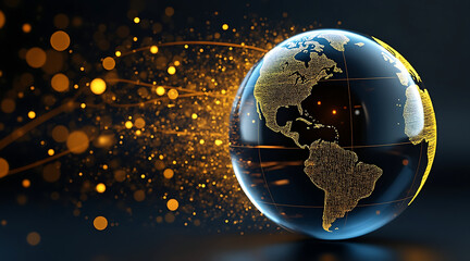Sleek glass orb with suspended golden data streams forming digital globe showing Americas, glowing with futuristic energy