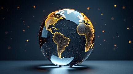Sleek glass orb with suspended golden data streams forming continents, glowing softly against dark background with floating light particles