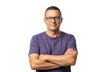 Man with glasses and crossed arms isolated on transparent background