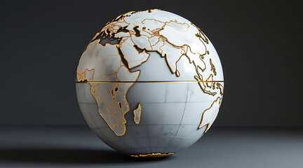 Smooth white marble globe with golden veins outlines continents and countries, creating elegant and artistic world map sphere