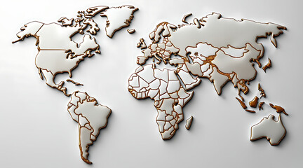 World map with gold borders and white marble texture, elegant design showing continents and countries with smooth luxurious feel