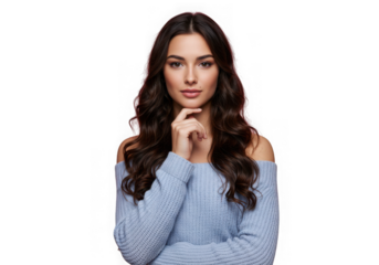 Beautiful woman with dark wavy hair isolated on transparent background