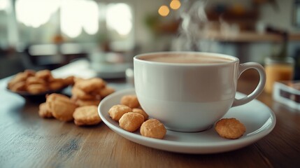 A steaming cup of coffee, accompanied by crispy cookies on a wooden table in a cafe