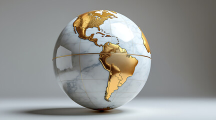 Smooth white marble globe with golden veins outlines continents of North and South America, shining elegantly on neutral background