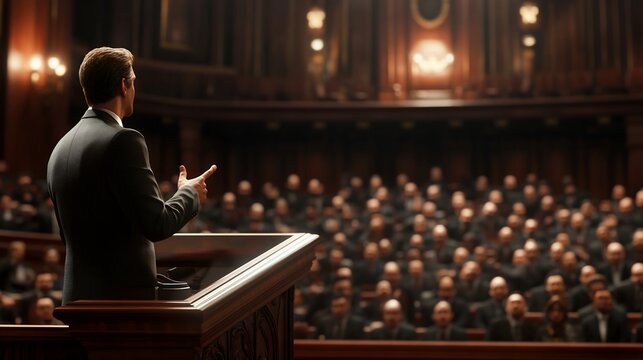 A speaker addresses a large audience in a grand hall.  A formal presentation or debate is underway