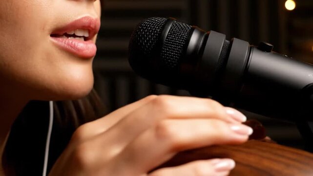 Close-up of a woman creating ASMR content by whispering into a microphone. Sensory and internet culture concept.