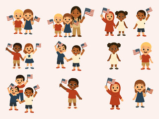 A cheerful collection of diverse children holding American flags, celebrating unity and friendship with bright smiles and patriotic joy in a cute cartoon style.