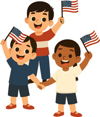 Three cheerful children waving American flags and holding hands, celebrating friendship, unity, and patriotism in a bright and playful cartoon style.