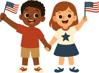 A smiling boy and girl holding hands and waving American flags, celebrating unity, friendship, and patriotism in a cheerful cartoon style.