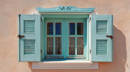 Fototapeta premium Charming vintage window with open shutters, showcasing elegant wooden designs and soft pastel color against a textured wall backdrop in bright daylight