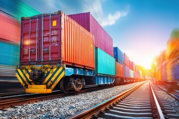 Obraz premium Dynamic transport scene showcasing colorful freight containers traveling by train down railway tracks under a bright blue sky capturing motion in logistics and supply chain management