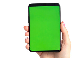 A close-up captures a hand delicately holding a smartphone with a vivid green screen