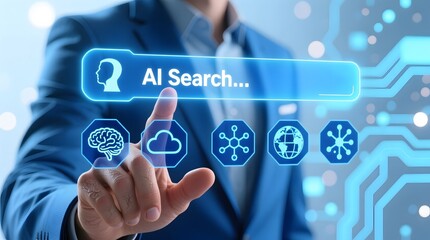 Closeup of a man in a blue suit interacting with a glowing blue ai search bar and hexagonal icons on a digital interface, highlighting advanced technology