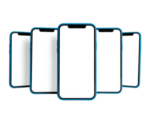 Five smartphone mockups, blue outlines, with blank white screens, set against black