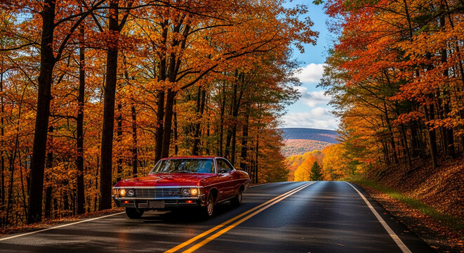 Red automobile on asphalt road, surrounded by colorful autumn trees, showcasing scenic drive, adventure and vehicle travel during fall season
