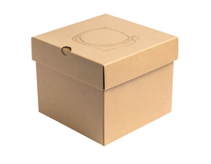 A brown cardboard box, closed, with a simple design on the lid, against a black background