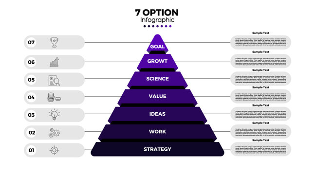 Infographic template with a pyramid triangle vector shape, with 7 information options, suitable for web, posters, business communications and business reports.	