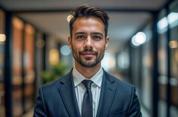 Fototapeta premium Business professional in formal attire standing confidently in a modern office corridor