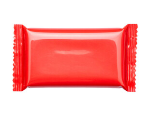 Isolated, bright red, rectangular food package with reflective, shiny plastic wrapping