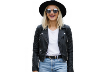 Smiling woman in leather jacket and sunglasses isolated on transparent background