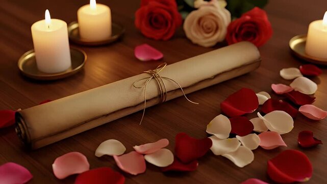 Romantic Setting with Scroll, Rose Petals and Candles