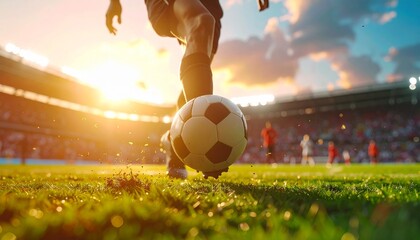 Close-up low angle shot of a soccer player dribbling the ball on a vibrant green field during a sunny game in a stadium