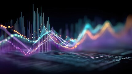 Abstract digital financial graph with colorful lines and dots representing data analysis, market trends, and trading fluctuations in a modern style