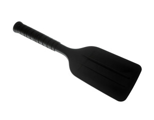 A black paddle with a ribbed handle, angled diagonally on a black background