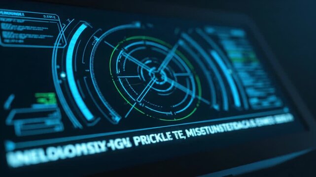 Futuristic digital interface showcases vibrant data visualization and information screen, featuring advanced technology with glowing elements, radar like design, and circular patterns for monitoring