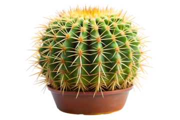 Golden barrel cactus plant in a pot isolated on transparent background