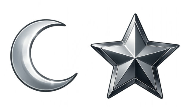 Silver crescent moon and star symbols designed for night-themed graphics and decorations