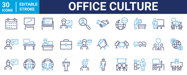 Office Culture web line icons. Office workspace. coworking, office, Teamwork. meeting, workspace, business icons.
