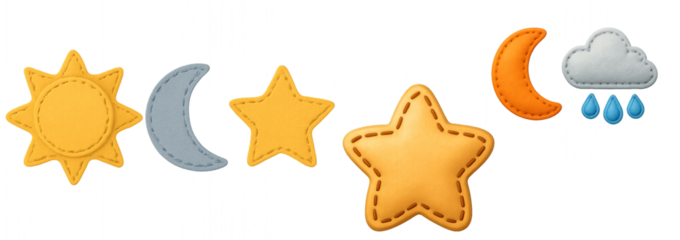 Colorful sun, moon, and star icons with a cloud and raindrops designed for kids' art projects or educational materials