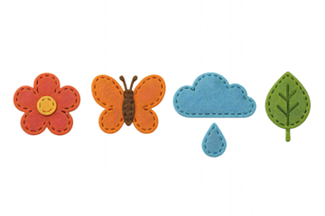 Felt flower, butterfly, cloud, and leaf icons showcasing nature-themed design elements for crafts or education