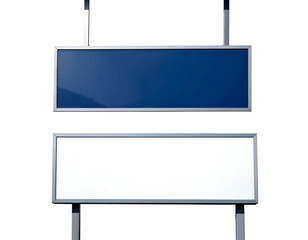 Obraz premium Two rectangular signs, one blue and one white, supported by posts against a black background