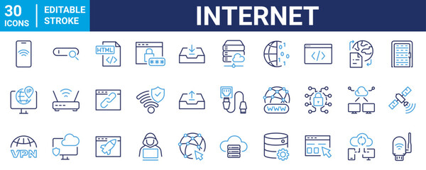 Internet web icon set. Internet, Web, Network, Connection, WiFi, Router, Modem, IP Address, Domain, Website, Online. Line outline icons collection.