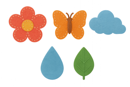 Colorful felt shapes of a flower, butterfly, cloud, raindrop, and leaf arranged creatively on a white background