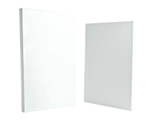 Two rectangular, blank canvases presented against a black background, showcasing textures and dimensions
