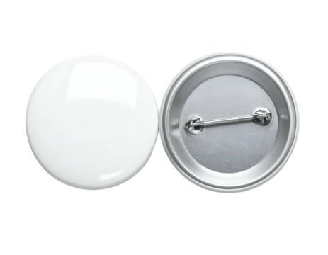 Close-up shot of two white blank button badges, one front and one back