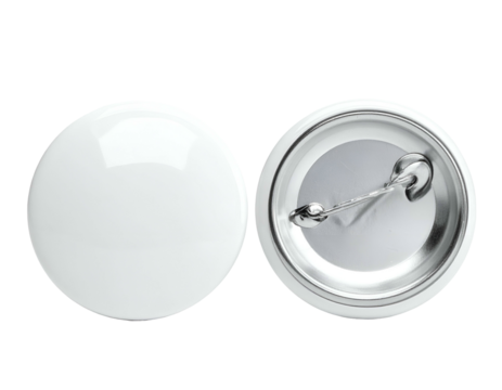 Two blank, circular objects, one showing its front and the other displaying its back with a pin