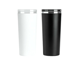 Two cylindrical, stainless-steel tumblers, one white and one black, with clear lids