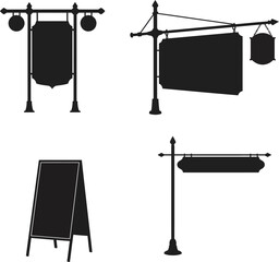 Obraz premium Vintage silhouettes of traditional shop signs and street banners for retro design projects isolated on transparent background