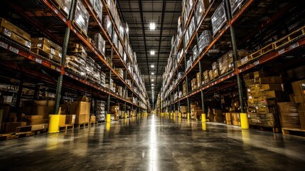 Fototapeta premium Spacious warehouse interior with organized shelves, stacked pallets, bright lighting, and polished floor reflecting inventory in a distribution center