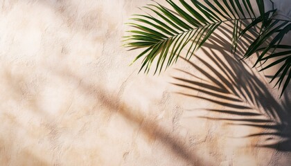 Obraz premium A single palm frond casts a shadow on a light beige wall with a textured surface, illuminated by bright sunlight.