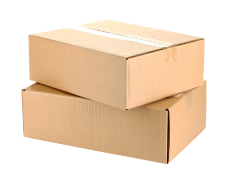 Two stacked rectangular, brown cardboard boxes with sealed tops, isolated on a black background