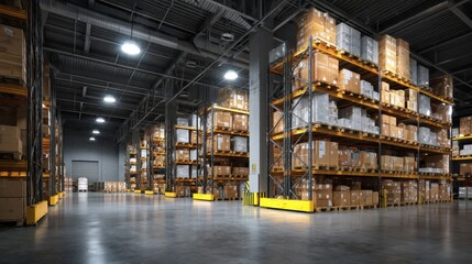 Vast and Organized Warehouse Interior with Shelving Units Stocked Full of Cardboard Boxes Under Bright Industrial Lighting
