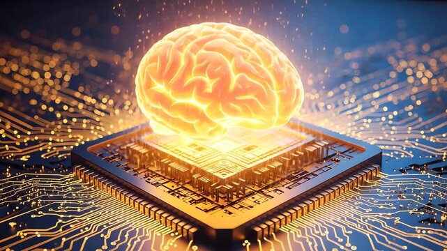 Artificial intelligence brain on computer chip with glowing neural network