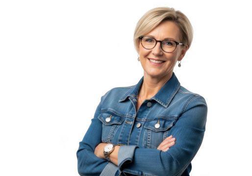 Smiling woman with glasses and denim jacket isolated on transparent background