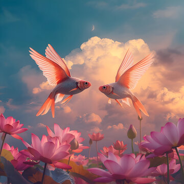 Beautiful scaled fish gracefully soar above vibrant lotus flowers in sky, reflecting magical beauty. All things in dreamlike scene exist beyond imagination